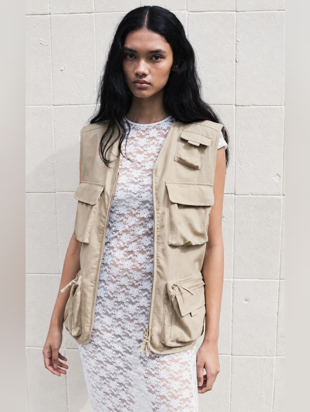 MANGO Oversized Cargo Pocket Utility Vest Beige Size M